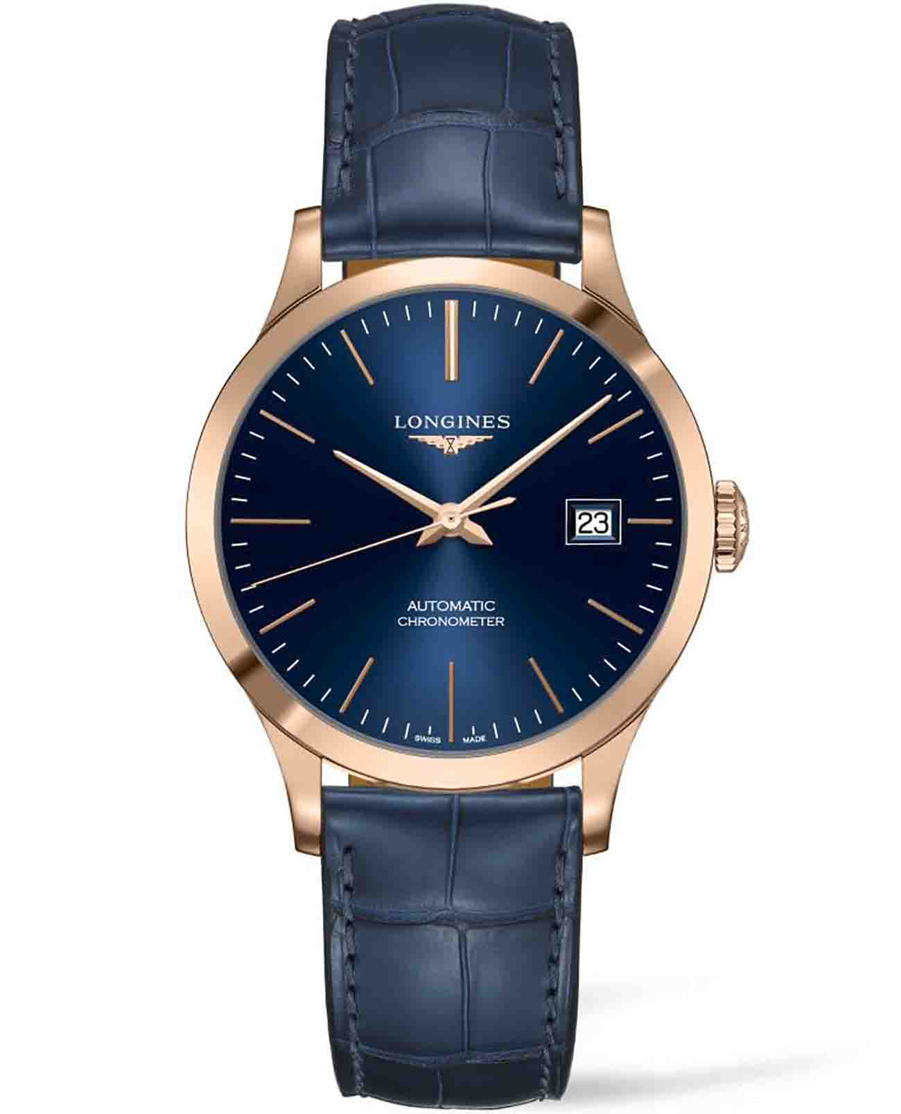 Longines Longines Record Collection L2.820.8.92.2  L28208922 механические мужские часы синий циферблат, браслет кожаный — вид спереди